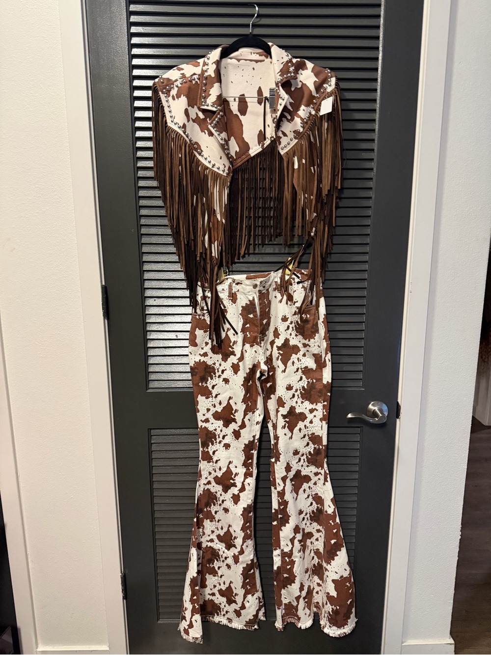Cow Print Fringe Western Pants - Brown/White Women's Jumpsuit-Style Pants